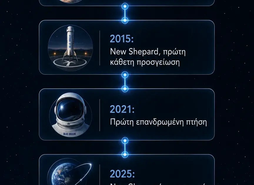 Χρονολόγιο της Blue Origin από την ίδρυση το 2000 έως το 2026, με τους πυραύλους New Shepard και New Glenn