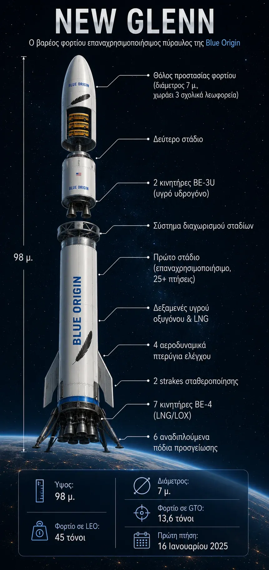Διάγραμμα του πυραύλου New Glenn της Blue Origin με τους επτά κινητήρες BE-4, τα δύο στάδια και τον θόλο φορτίου