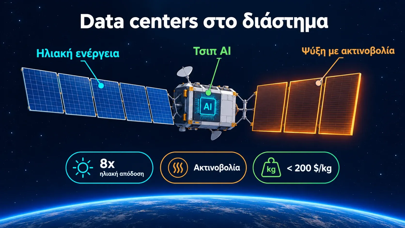 Γράφημα ενός δορυφόρου data center στο διάστημα με ηλιακά πάνελ, τσιπ τεχνητής νοημοσύνης και πάνελ ψύξης, μαζί με τα τρία βασικά μεγέθη του θέματος