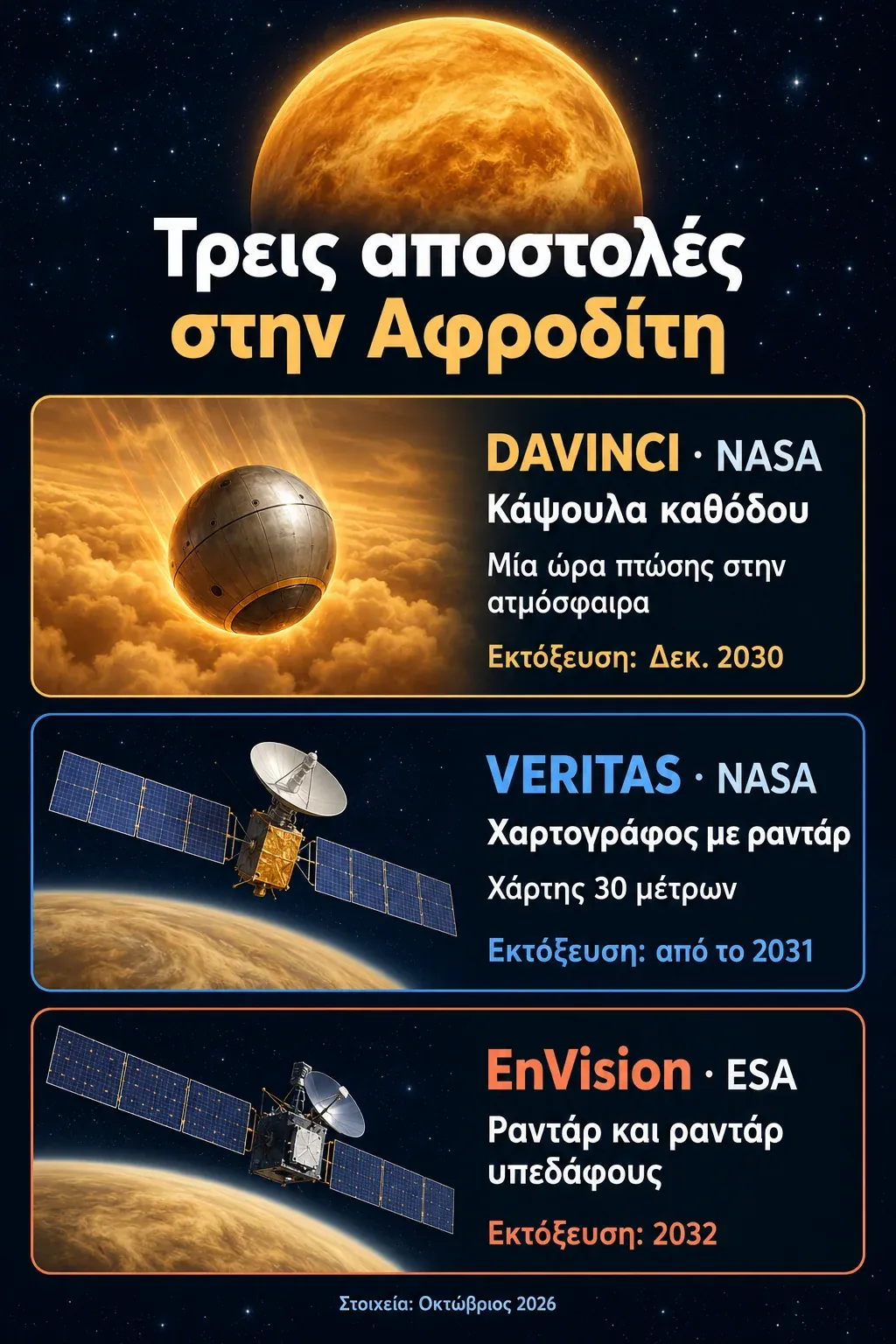 Infographic με τις τρεις αποστολές στην Αφροδίτη, DAVINCI, VERITAS και EnVision, με τον ρόλο και τον στόχο εκτόξευσης της καθεμίας