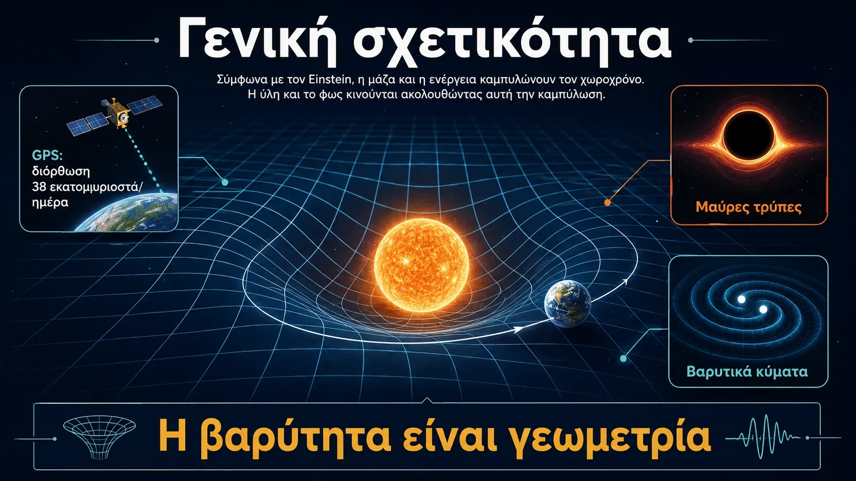 Η μάζα του Ήλιου καμπυλώνει τον χωροχρόνο, γενική σχετικότητα με GPS, μαύρες τρύπες και βαρυτικά κύματα