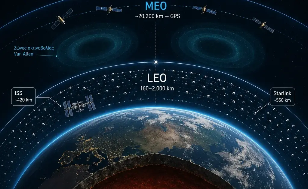 Διάγραμμα τροχιών δορυφόρων LEO, MEO και GEO γύρω από τη Γη με ISS, GPS και γεωστατικούς δορυφόρους σε κλίμακα