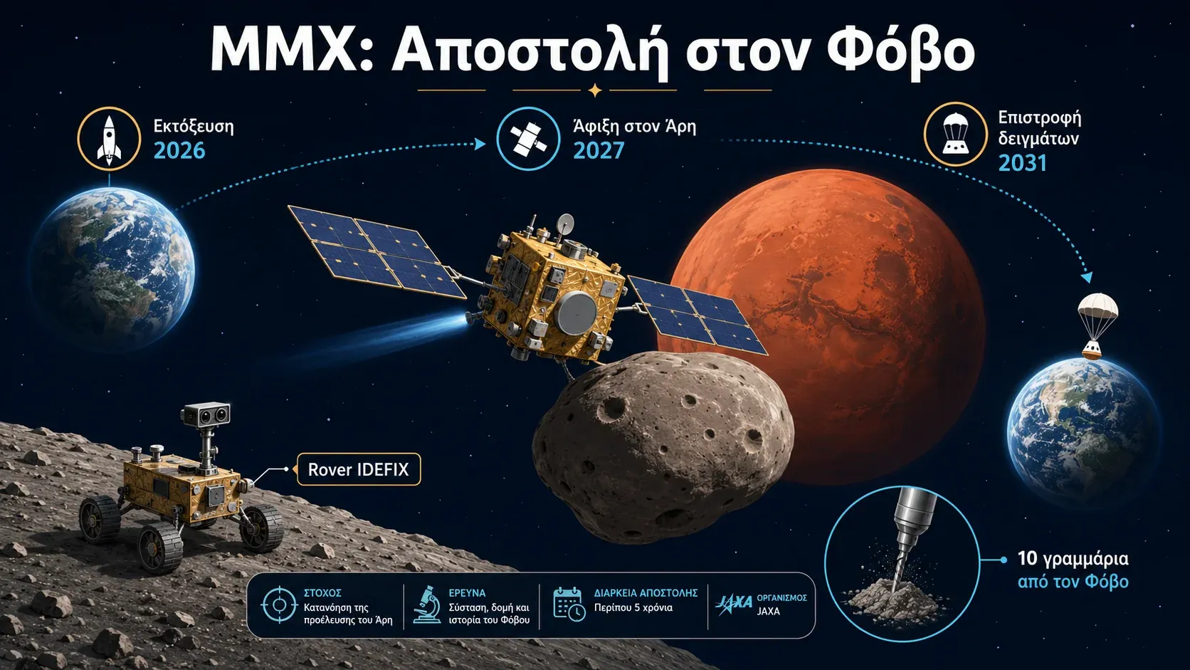 Γράφημα της αποστολής MMX της JAXA στον Φόβο: εκτόξευση 2026, άφιξη στον Άρη 2027, επιστροφή δειγμάτων 2031 και rover IDEFIX