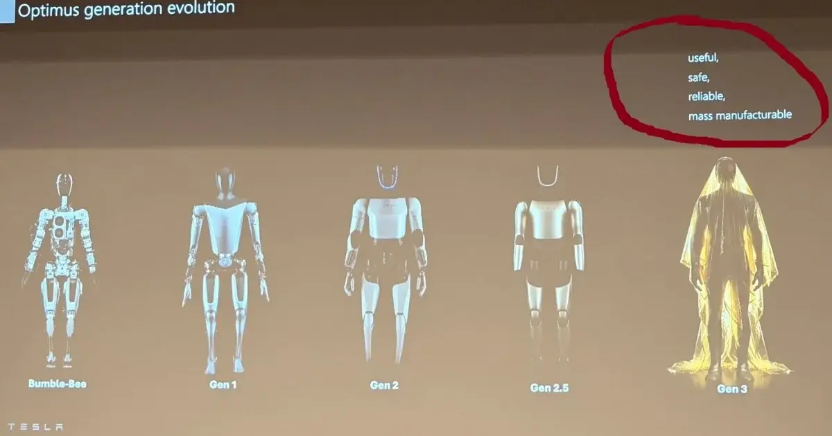 Διαφάνεια της Tesla με την εξέλιξη του Optimus έως το Gen 3, από ομιλία στο ETH Zürich για ρομπότ στο διάστημα