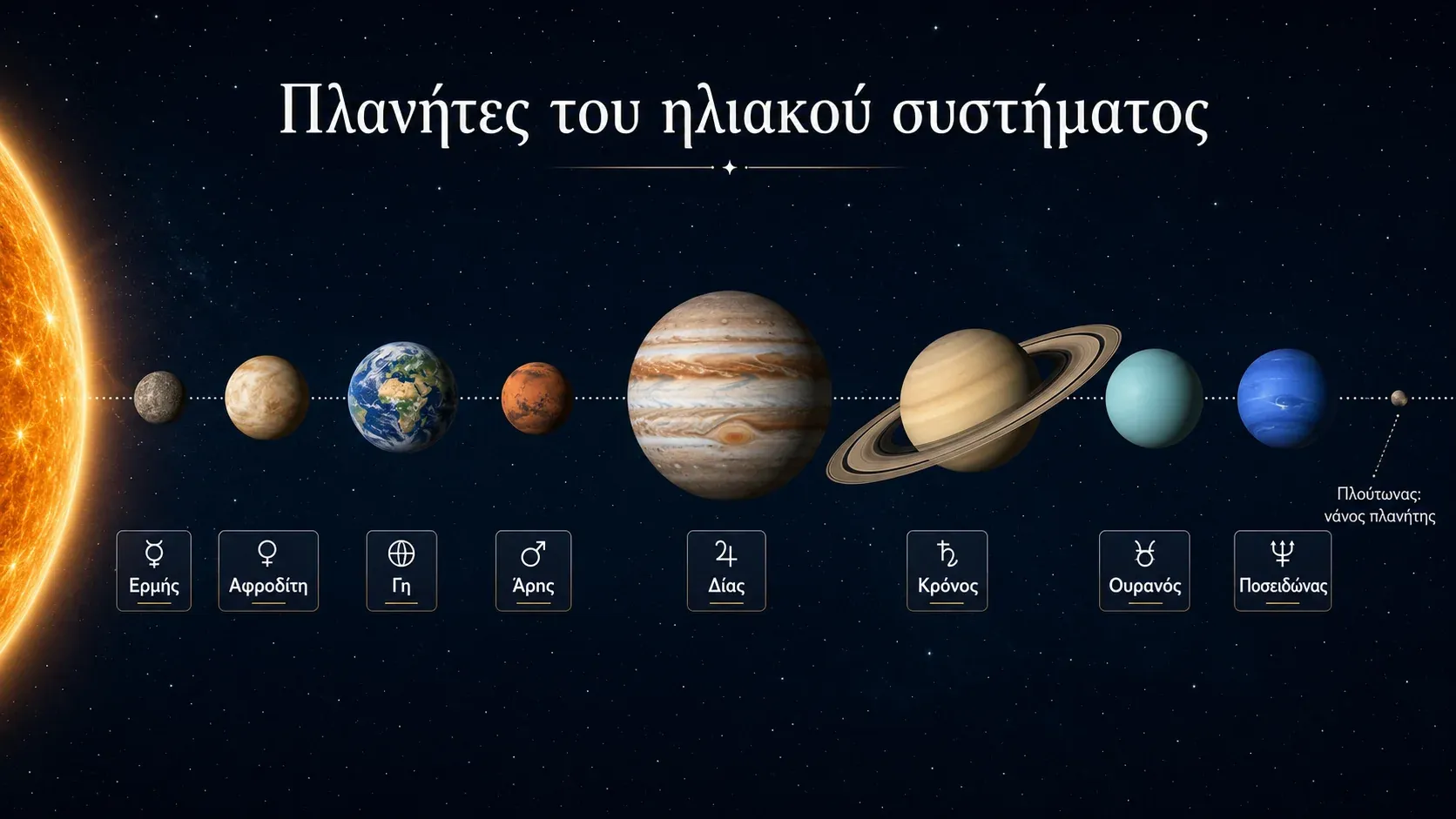 Οι οκτώ πλανήτες του ηλιακού συστήματος σε σειρά από τον Ήλιο με τα σύμβολά τους και τον νάνο Πλούτωνα στο τέλος