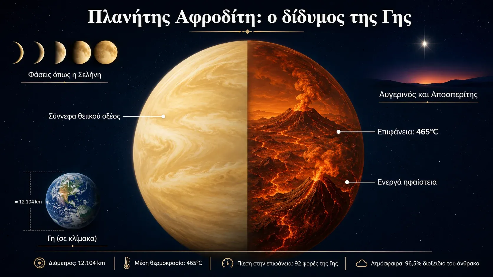 Γράφημα του πλανήτη Αφροδίτη με τα σύννεφα θειικού οξέος, την καυτή ηφαιστειακή επιφάνεια των 465°C και σύγκριση με τη Γη