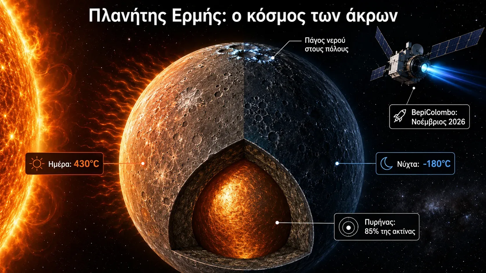 Γράφημα του πλανήτη Ερμή με τομή του πυρήνα, πάγο στους πόλους, θερμοκρασίες μέρας και νύχτας και το BepiColombo