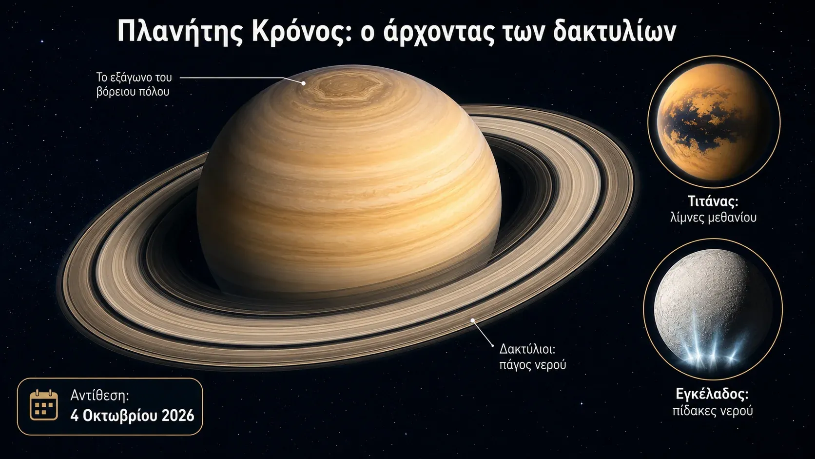 Γράφημα του πλανήτη Κρόνου με τους δακτυλίους, το πολικό εξάγωνο, τον Τιτάνα, τον Εγκέλαδο και την αντίθεση του 2026