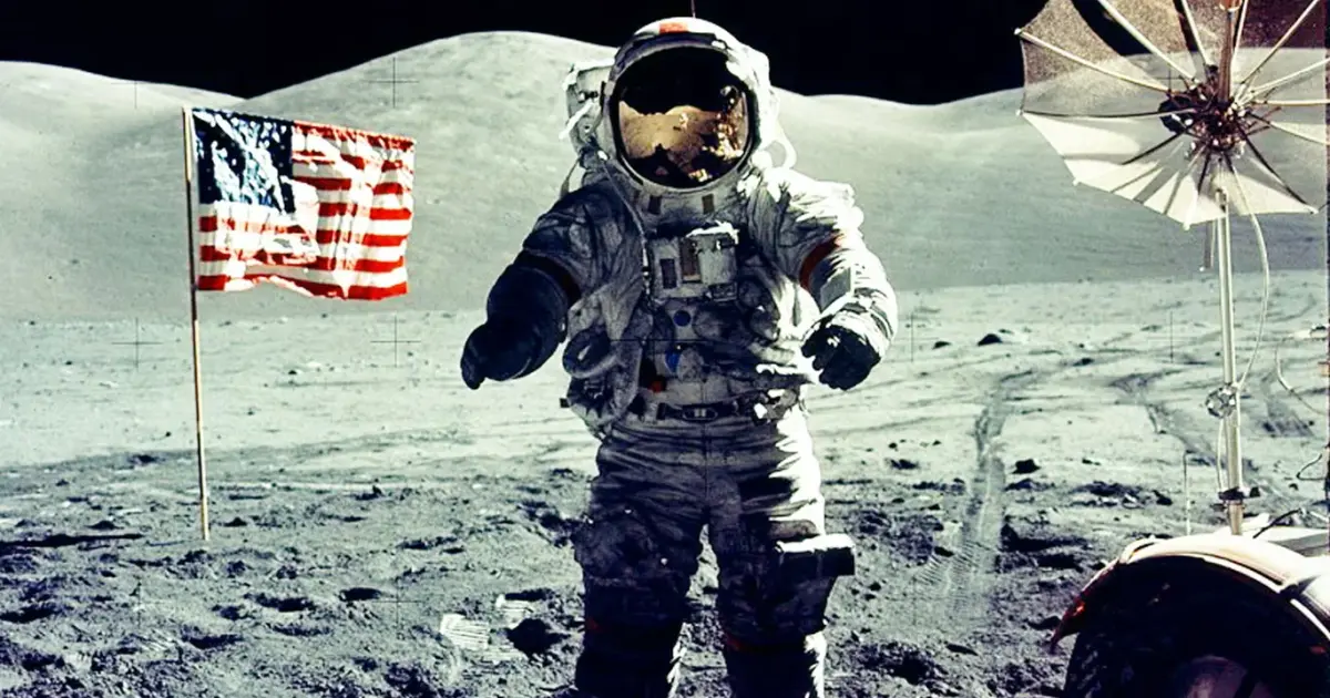 Ο αστροναύτης Gene Cernan δίπλα στη σημαία των ΗΠΑ και στο σεληνιακό όχημα στην κοιλάδα Taurus-Littrow, στην τελευταία αποστολή του προγράμματος Apollo