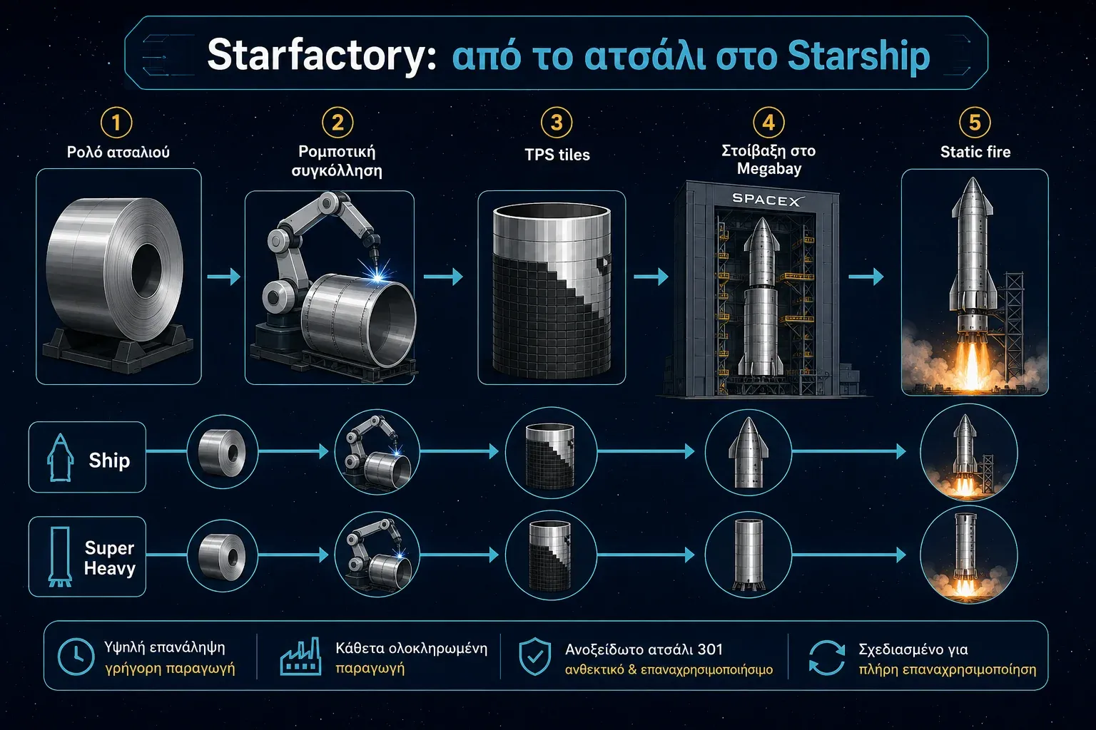 Διάγραμμα παραγωγής του Starship στο Starfactory, από το ρολό ατσαλιού και τη συγκόλληση ως τα TPS tiles και το static fire
