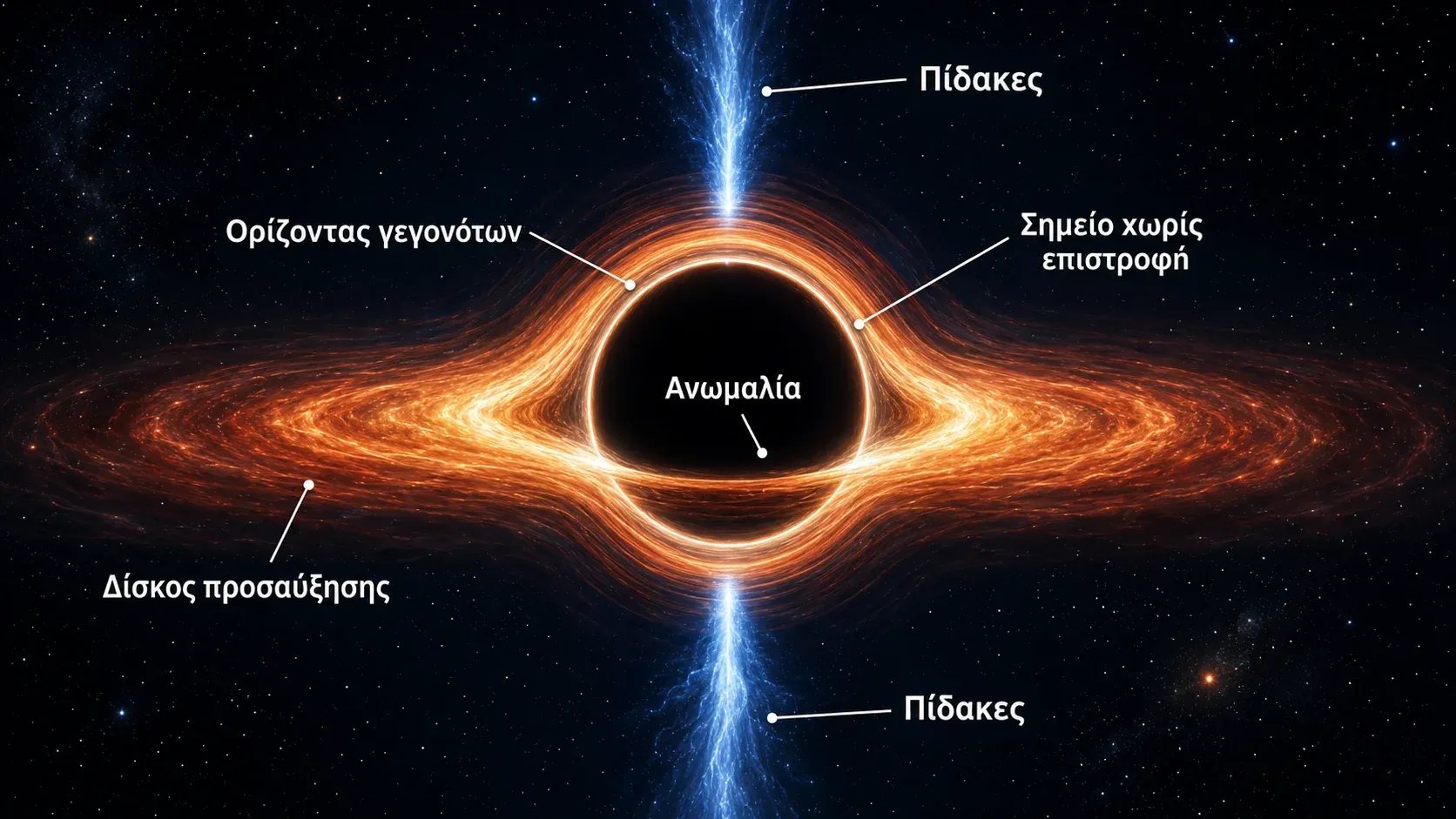 Infographic με την ανατομία μιας μαύρης τρύπας: ανωμαλία, ορίζοντας γεγονότων, δίσκος προσαύξησης και πίδακες